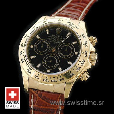 Rolex Daytona Gold Black Dial Brown Leather | Swisstime Watch