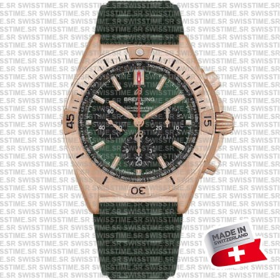 Breitling Chronomat 42mm Real 18k Solid Gold Green Dial Rubber Strap Swiss Made Replica Superclone Ref.rb0134101l1s1