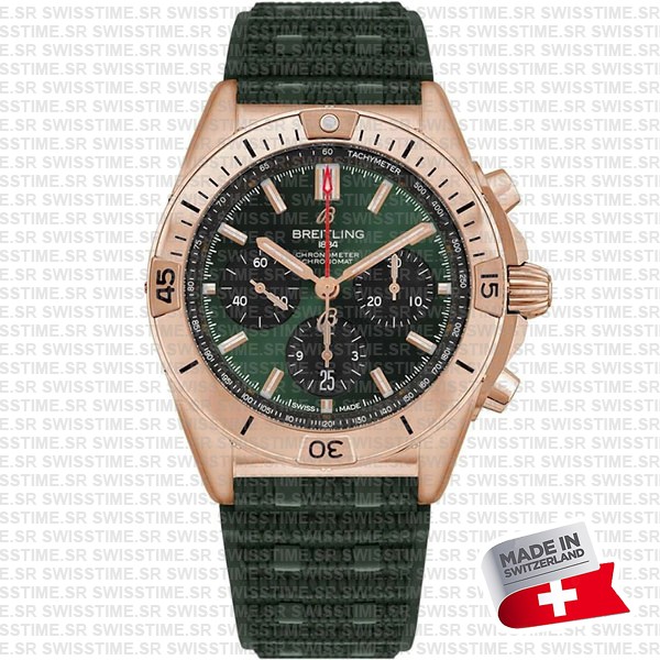 Breitling Chronomat 42mm Real 18k Solid Gold Green Dial Rubber Strap Swiss Made Replica Superclone Ref.rb0134101l1s1