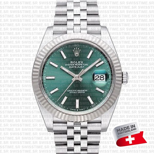 Rolex Datejust 41 Jubilee Green Dial Stick Markers 904l Steel 18k White Gold Fluted Bezel 41mm Swiss Replica Superclone