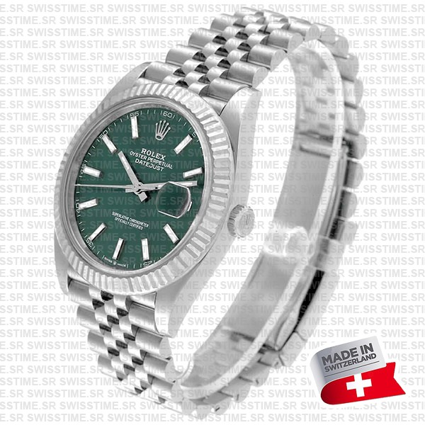 Rolex Datejust 41 Jubilee Green Dial Stick Markers 904l Steel 18k White Gold Fluted Bezel 41mm Swiss Replica Superclone