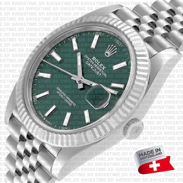 Rolex Datejust 41 Jubilee Green Dial Stick Markers 904l Steel 18k White Gold Fluted Bezel 41mm Swiss Replica Superclone