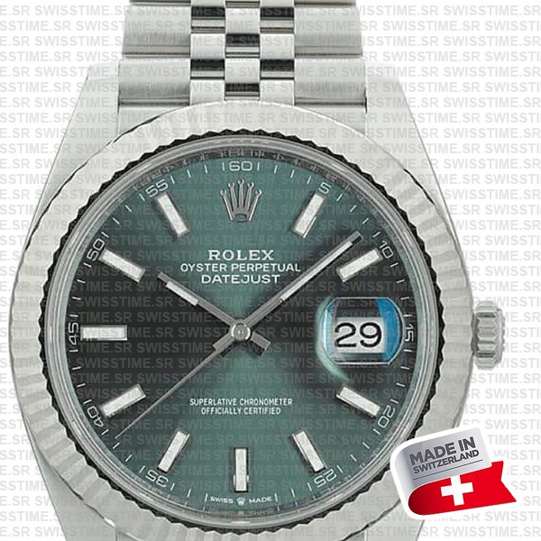 Rolex Datejust 41 Jubilee Green Dial Stick Markers 904l Steel 18k White Gold Fluted Bezel 41mm Swiss Replica Superclone