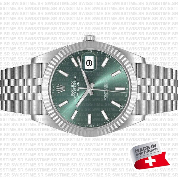 Rolex Datejust 41 Jubilee Green Dial Stick Markers 904l Steel 18k White Gold Fluted Bezel 41mm Swiss Replica Superclone
