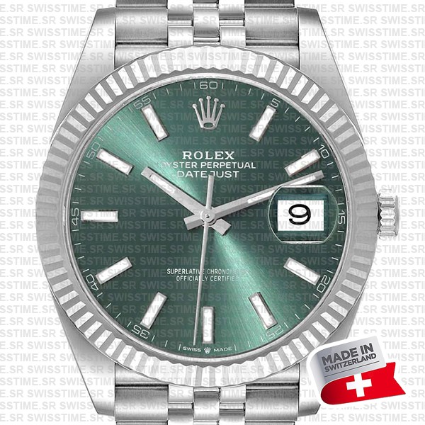 Rolex Datejust 41 Jubilee Green Dial Stick Markers 904l Steel 18k White Gold Fluted Bezel 41mm Swiss Replica Superclone