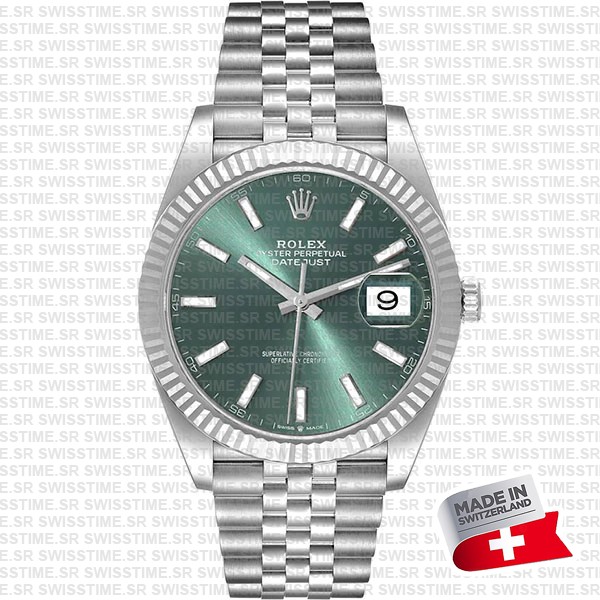 Rolex Datejust 41 Jubilee Green Dial Stick Markers 904l Steel 18k White Gold Fluted Bezel 41mm Swiss Replica Superclone