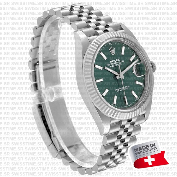 Rolex Datejust 41 Jubilee Green Dial Stick Markers 904l Steel 18k White Gold Fluted Bezel 41mm Swiss Replica Superclone