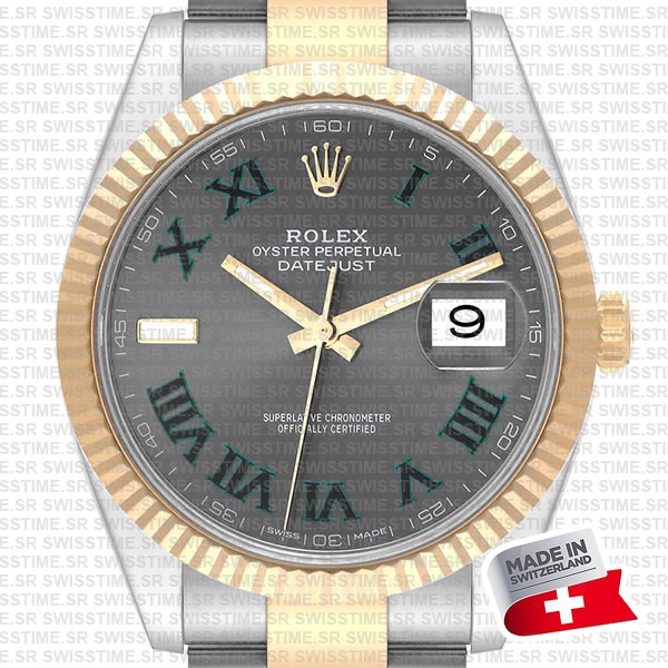Rolex Datejust 41 Oyster 2-tone 18k Yellow Gold/904l Steel Wimbledon Slate Grey Roman Fluted Ref.126333 Swiss Replica Superclone