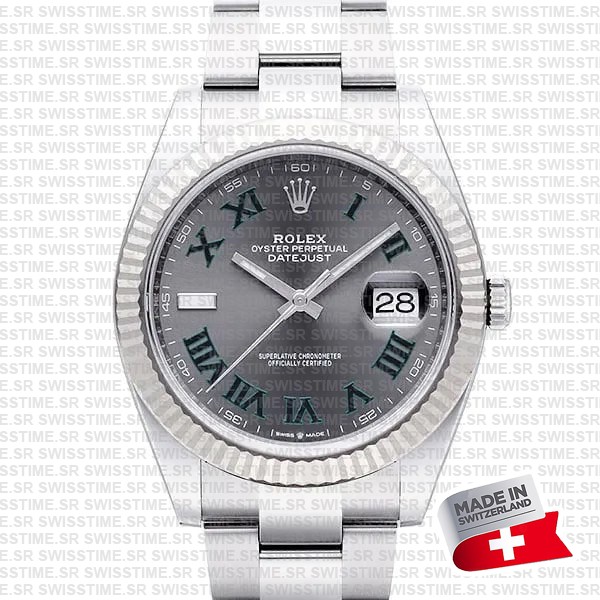 Rolex Datejust 41 Oyster 904l Steel Wimbledon Slate Grey Roman Fluted Ref.126334 Swiss Replica Superclone