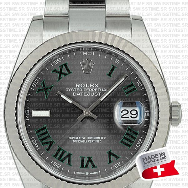 Rolex Datejust 41 Oyster 904l Steel Wimbledon Slate Grey Roman Fluted Ref.126334 Swiss Replica Superclone
