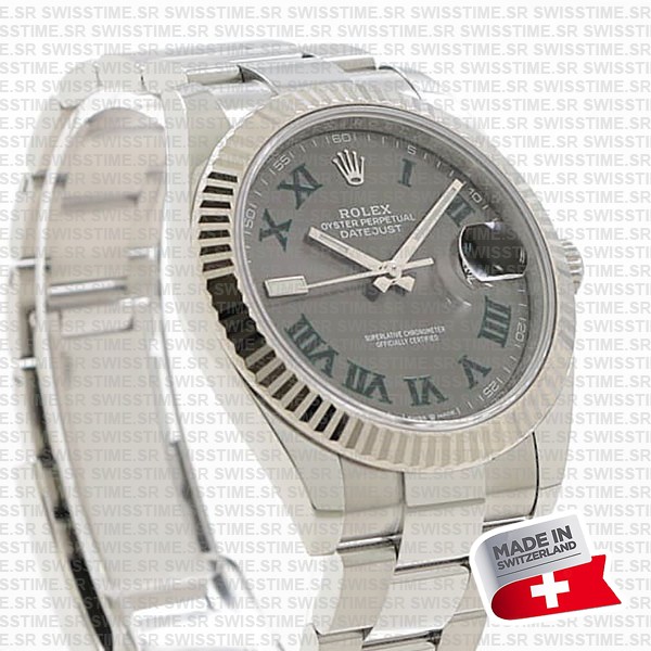 Rolex Datejust 41 Oyster 904l Steel Wimbledon Slate Grey Roman Fluted Ref.126334 Swiss Replica Superclone