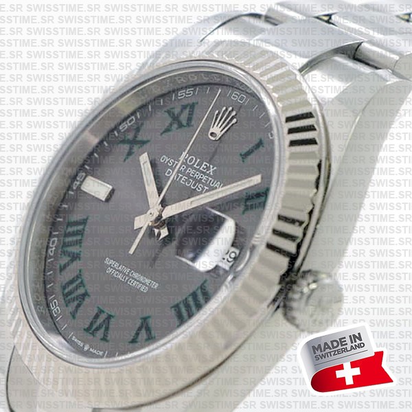 Rolex Datejust 41 Oyster 904l Steel Wimbledon Slate Grey Roman Fluted Ref.126334 Swiss Replica Superclone