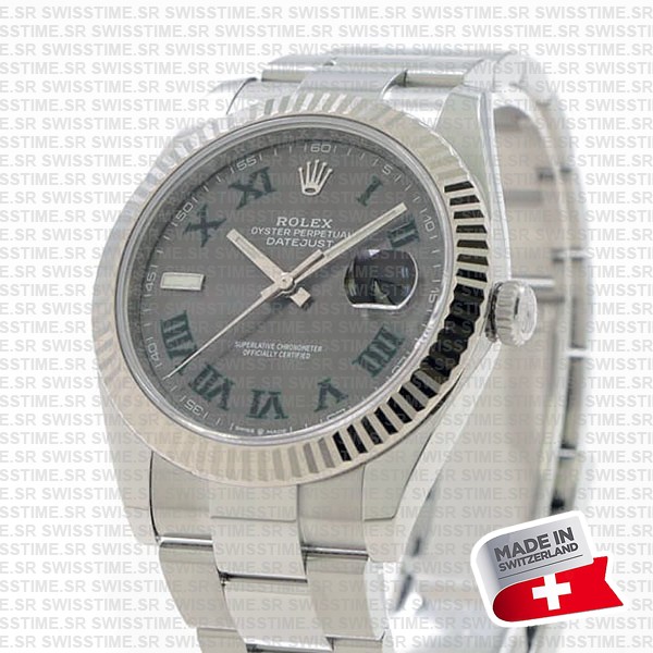 Rolex Datejust 41 Oyster 904l Steel Wimbledon Slate Grey Roman Fluted Ref.126334 Swiss Replica Superclone