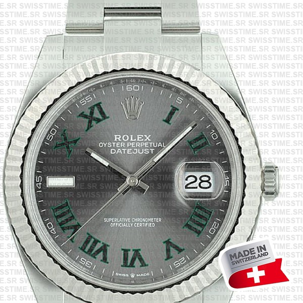 Rolex Datejust 41 Oyster 904l Steel Wimbledon Slate Grey Roman Fluted Ref.126334 Swiss Replica Superclone