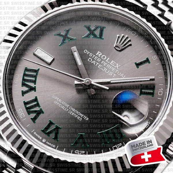 Rolex Datejust 41 Oyster 904l Steel Wimbledon Slate Grey Roman Fluted Ref.126334 Swiss Replica Superclone