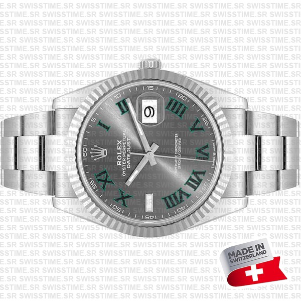 Rolex Datejust 41 Oyster 904l Steel Wimbledon Slate Grey Roman Fluted Ref.126334 Swiss Replica Superclone