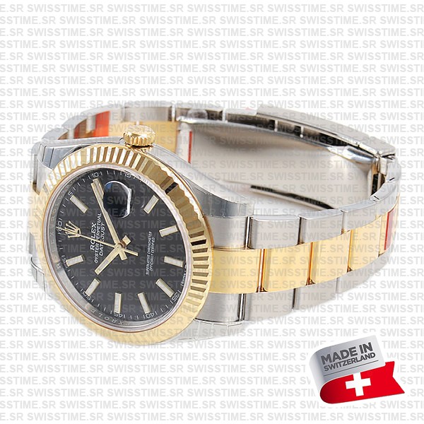 Rolex Datejust 41 Oyster 2-tone 18k Yellow Gold/904l Steel Fluted Bezel Black Dial Sticks Ref.126333 Swiss Replica Superclone