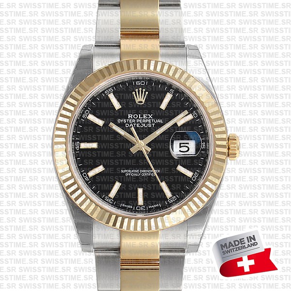 Rolex Datejust 41 Oyster 2-tone 18k Yellow Gold/904l Steel Fluted Bezel Black Dial Sticks Ref.126333 Swiss Replica Superclone