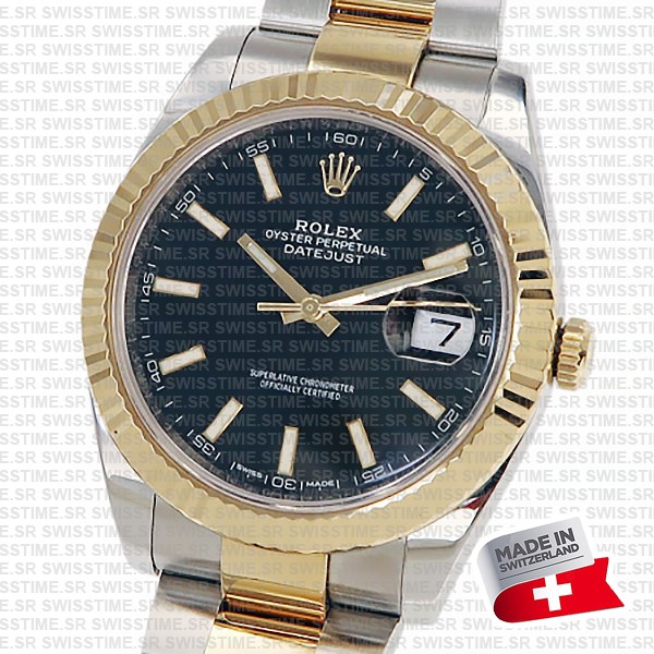 Rolex Datejust 41 Oyster 2-tone 18k Yellow Gold/904l Steel Fluted Bezel Black Dial Sticks Ref.126333 Swiss Replica Superclone