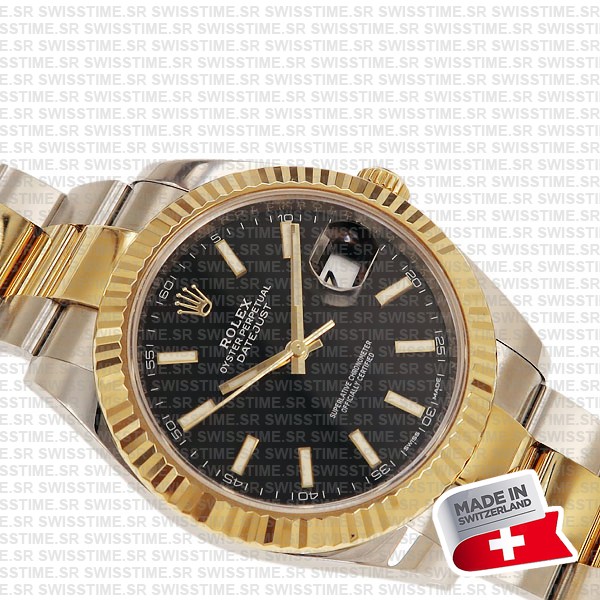 Rolex Datejust 41 Oyster 2-tone 18k Yellow Gold/904l Steel Fluted Bezel Black Dial Sticks Ref.126333 Swiss Replica Superclone