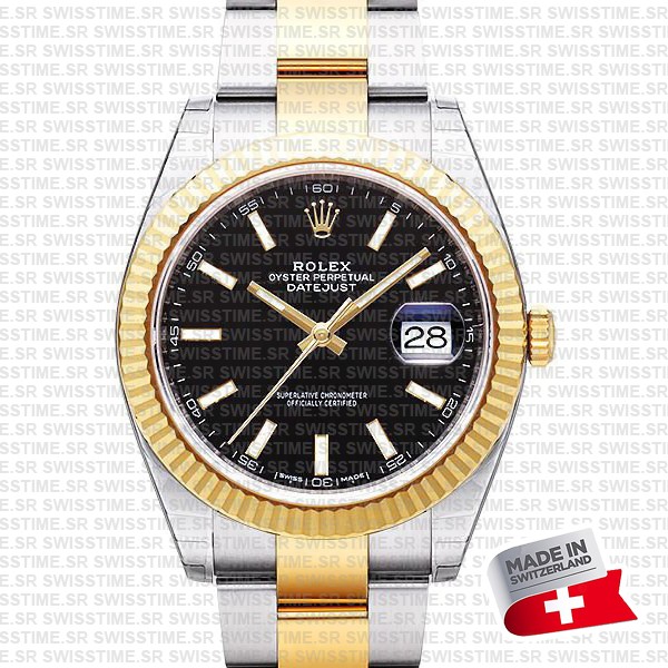 Rolex Datejust 41 Oyster 2-tone 18k Yellow Gold/904l Steel Fluted Bezel Black Dial Sticks Ref.126333 Swiss Replica Superclone