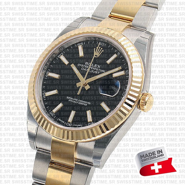 Rolex Datejust 41 Oyster 2-tone 18k Yellow Gold/904l Steel Fluted Bezel Black Dial Sticks Ref.126333 Swiss Replica Superclone