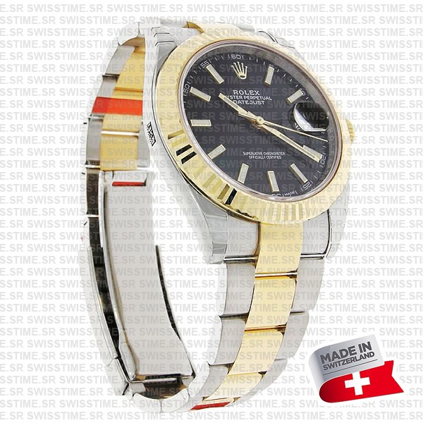 Rolex Datejust 41 Oyster 2-tone 18k Yellow Gold/904l Steel Fluted Bezel Black Dial Sticks Ref.126333 Swiss Replica Superclone