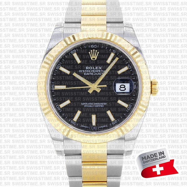 Rolex Datejust 41 Oyster 2-tone 18k Yellow Gold/904l Steel Fluted Bezel Black Dial Sticks Ref.126333 Swiss Replica Superclone