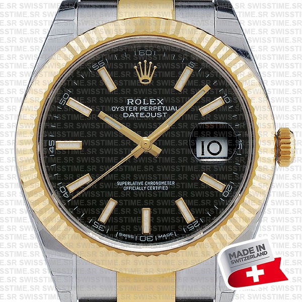 Rolex Datejust 41 Oyster 2-tone 18k Yellow Gold/904l Steel Fluted Bezel Black Dial Sticks Ref.126333 Swiss Replica Superclone