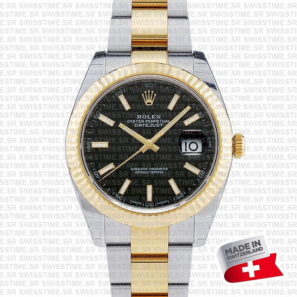 Rolex Datejust 41 Oyster 2-tone 18k Yellow Gold/904l Steel Fluted Bezel Black Dial Sticks Ref.126333 Swiss Replica Superclone