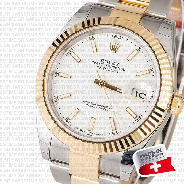 Rolex Datejust 41 Oyster 2-tone 18k Yellow Gold/904l Steel Fluted Bezel White Dial Sticks Ref.126333 Swiss Replica Superclone