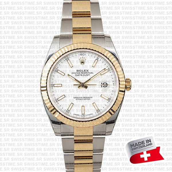 Rolex Datejust 41 Oyster 2-tone 18k Yellow Gold/904l Steel Fluted Bezel White Dial Sticks Ref.126333 Swiss Replica Superclone