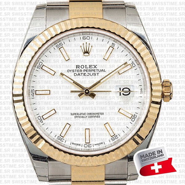 Rolex Datejust 41 Oyster 2-tone 18k Yellow Gold/904l Steel Fluted Bezel White Dial Sticks Ref.126333 Swiss Replica Superclone