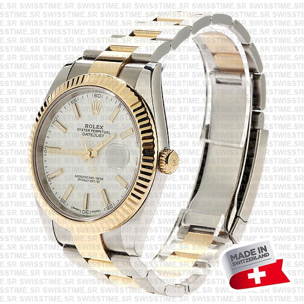 Rolex Datejust 41 Oyster 2-tone 18k Yellow Gold/904l Steel Fluted Bezel White Dial Sticks Ref.126333 Swiss Replica Superclone