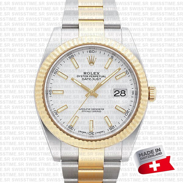 Rolex Datejust 41 Oyster 2-tone 18k Yellow Gold/904l Steel Fluted Bezel White Dial Sticks Ref.126333 Swiss Replica Superclone