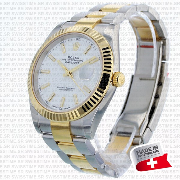 Rolex Datejust 41 Oyster 2-tone 18k Yellow Gold/904l Steel Fluted Bezel White Dial Sticks Ref.126333 Swiss Replica Superclone