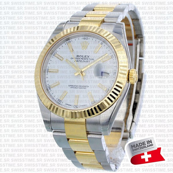 Rolex Datejust 41 Oyster 2-tone 18k Yellow Gold/904l Steel Fluted Bezel White Dial Sticks Ref.126333 Swiss Replica Superclone