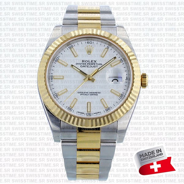 Rolex Datejust 41 Oyster 2-tone 18k Yellow Gold/904l Steel Fluted Bezel White Dial Sticks Ref.126333 Swiss Replica Superclone