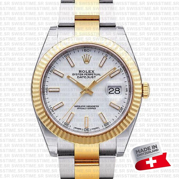 Rolex Datejust 41 Oyster 2-tone 18k Yellow Gold/904l Steel Fluted Bezel White Dial Sticks Ref.126333 Swiss Replica Superclone