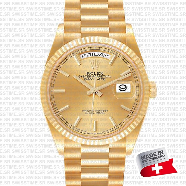 Rolex Day-date 36mm Yellow 18k Gold Stick Markers Ref.128238 Swiss Made Replica Superclone