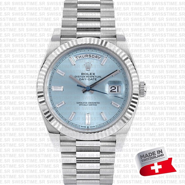 Rolex Day-date 40 Solid Platinum Ice Blue Dial Diamond Markers Fluted Bezel 40mm Ref.228236 Swiss Replica Watch