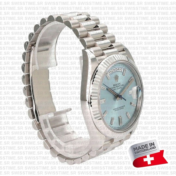 Rolex Day-date 40 Solid Platinum Ice Blue Dial Diamond Markers Fluted Bezel 40mm Ref.228236 Swiss Replica Watch
