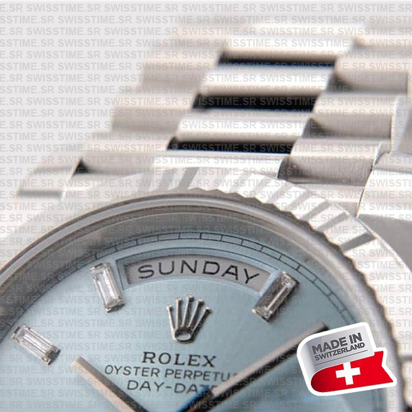 Rolex Day-date 40 Solid Platinum Ice Blue Dial Diamond Markers Fluted Bezel 40mm Ref.228236 Swiss Replica Watch