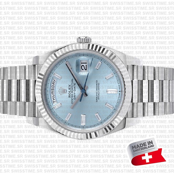 Rolex Day-date 40 Solid Platinum Ice Blue Dial Diamond Markers Fluted Bezel 40mm Ref.228236 Swiss Replica Watch