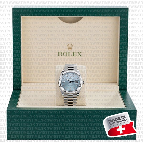 Rolex Day-date 40 Solid Platinum Ice Blue Dial Diamond Markers Fluted Bezel 40mm Ref.228236 Swiss Replica Watch