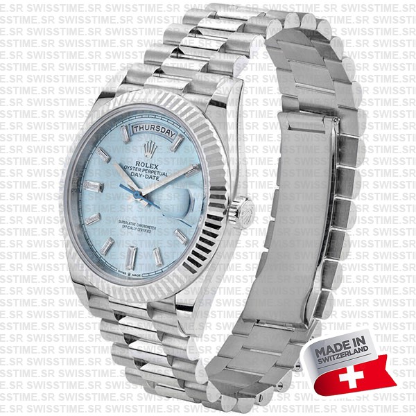 Rolex Day-date 40 Solid Platinum Ice Blue Dial Diamond Markers Fluted Bezel 40mm Ref.228236 Swiss Replica Watch