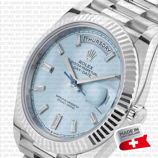 Rolex Day-date 40 Solid Platinum Ice Blue Dial Diamond Markers Fluted Bezel 40mm Ref.228236 Swiss Replica Watch
