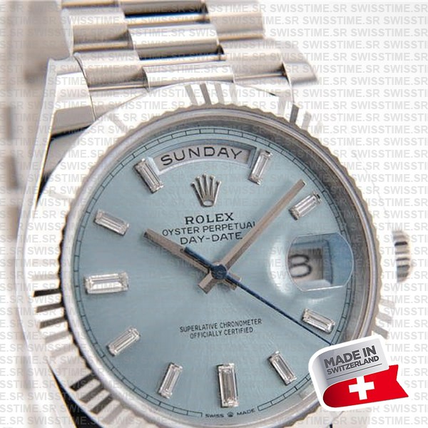 Rolex Day-date 40 Solid Platinum Ice Blue Dial Diamond Markers Fluted Bezel 40mm Ref.228236 Swiss Replica Watch
