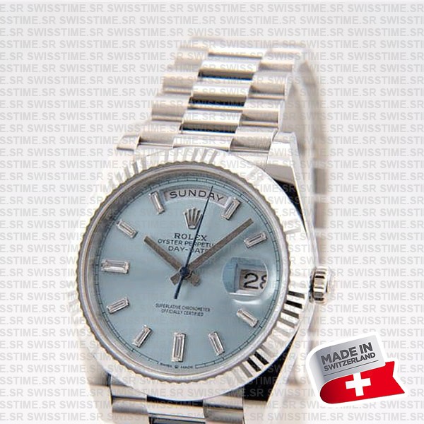 Rolex Day-date 40 Solid Platinum Ice Blue Dial Diamond Markers Fluted Bezel 40mm Ref.228236 Swiss Replica Watch