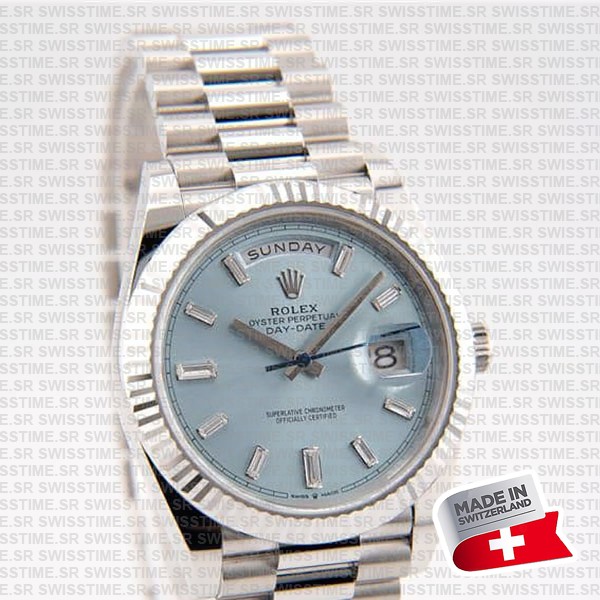 Rolex Day-date 40 Solid Platinum Ice Blue Dial Diamond Markers Fluted Bezel 40mm Ref.228236 Swiss Replica Watch